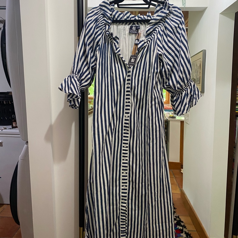Striped Maxi Shirt Dress in Navy and White - Classic Button-Front